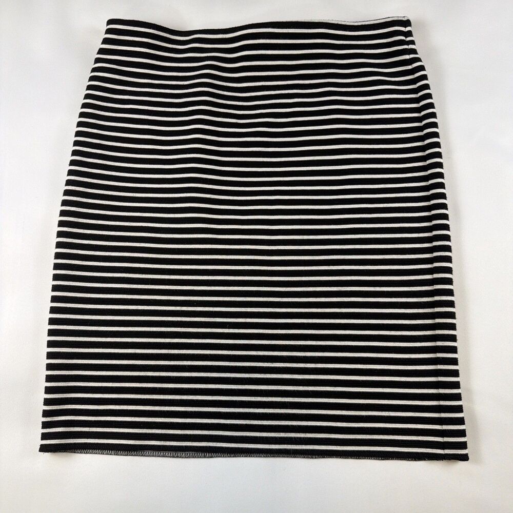 LOFT Striped Pencil Skirt Women's Size MP Black Ivory Elastic Waist Petite